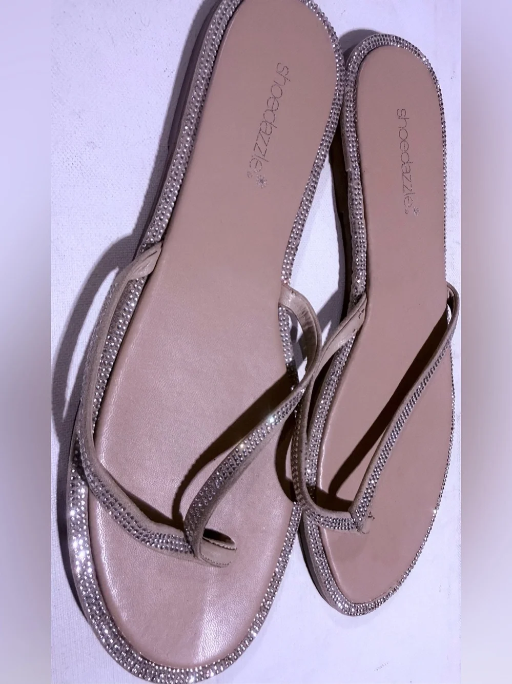 Shoe Dazzle Beige Rhinestone Toe-Loop Sandals
